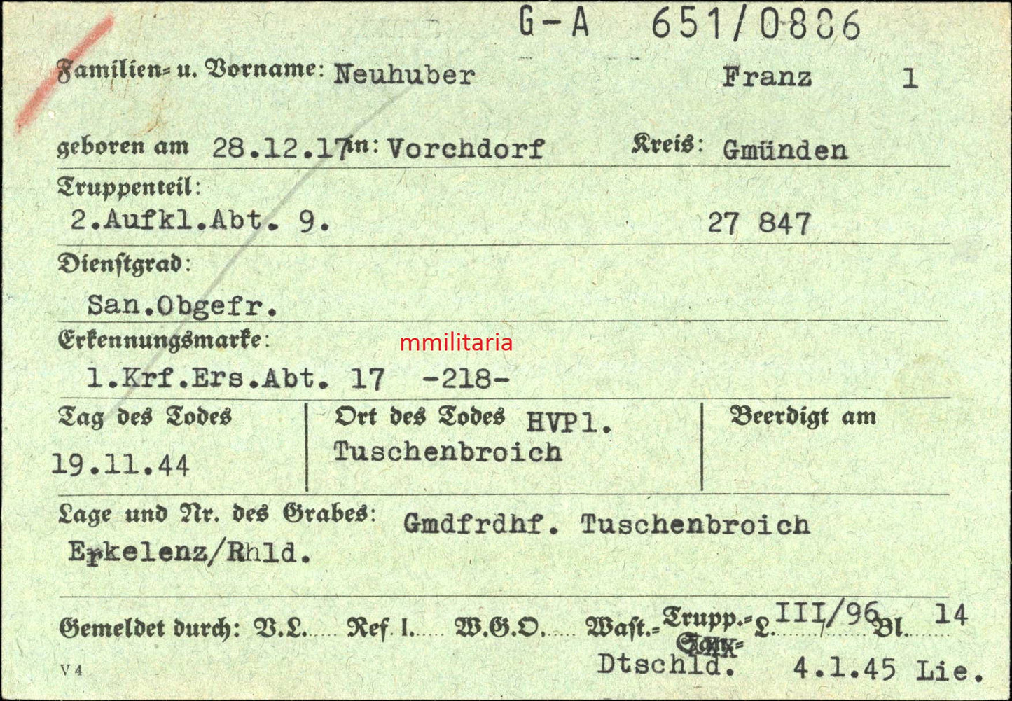 Sterbebild Sanitäts-Obergefreiter Vorchdorf 2. Panzer-Aufklärungs Abt. 9 Aachen Tuschenbroich Wegberg