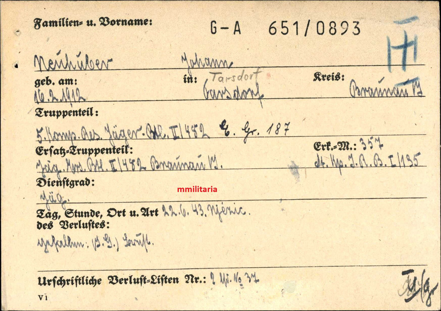 Sterbebild Jäger Tarsdorf 5. Komp. Jäger Btl. II/482 Partisanen Niezic Kroatien