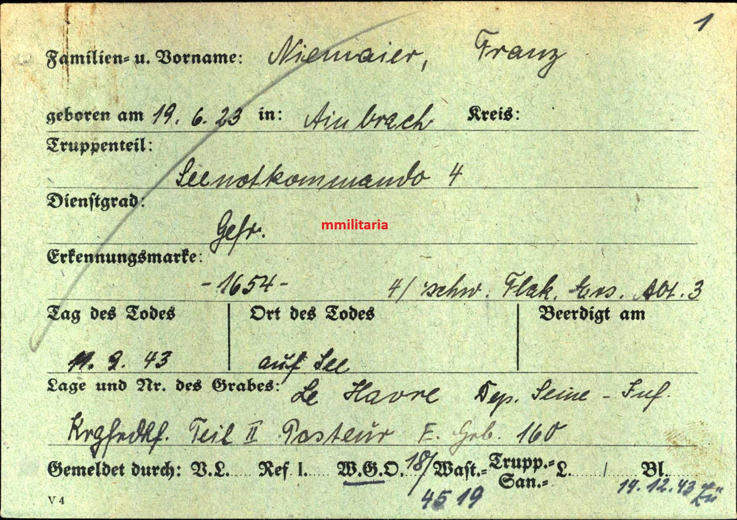 Sterbebild Gefreiter Ainbrach Flak-Abt. Seenotkommando 4 Kanalküste Le Havre Frankreich