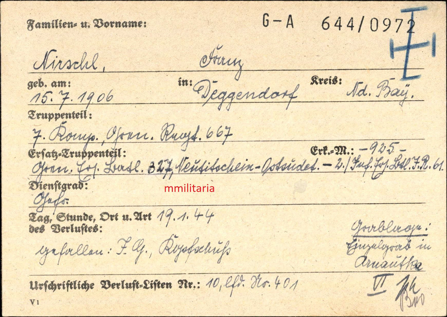 Sterbebild Obergefreiter Waldmünchen 7. Komp. Gren. Regt. 667 (mot) EK I & II ISA Kirowograd Russland