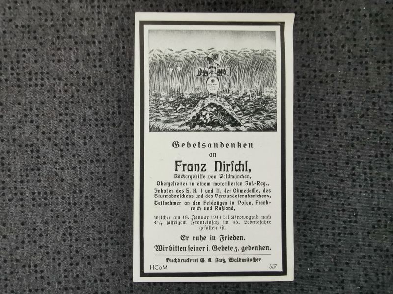 Sterbebild Obergefreiter Waldmünchen 7. Komp. Gren. Regt. 667 (mot) EK I & II ISA Kirowograd Russland