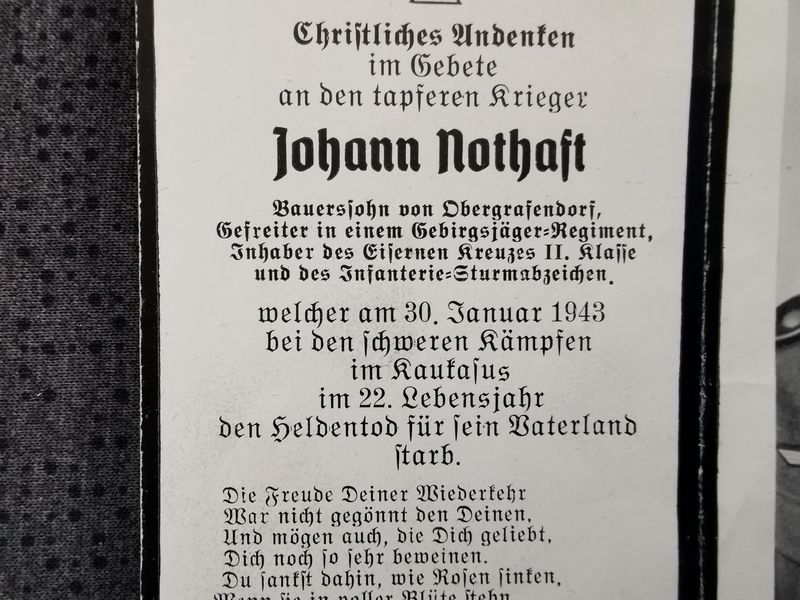 Sterbebild Gefreiter 1. Komp. Jäger Regt. 204 EK II ISA Lambina-Berg Kaukasus Russland