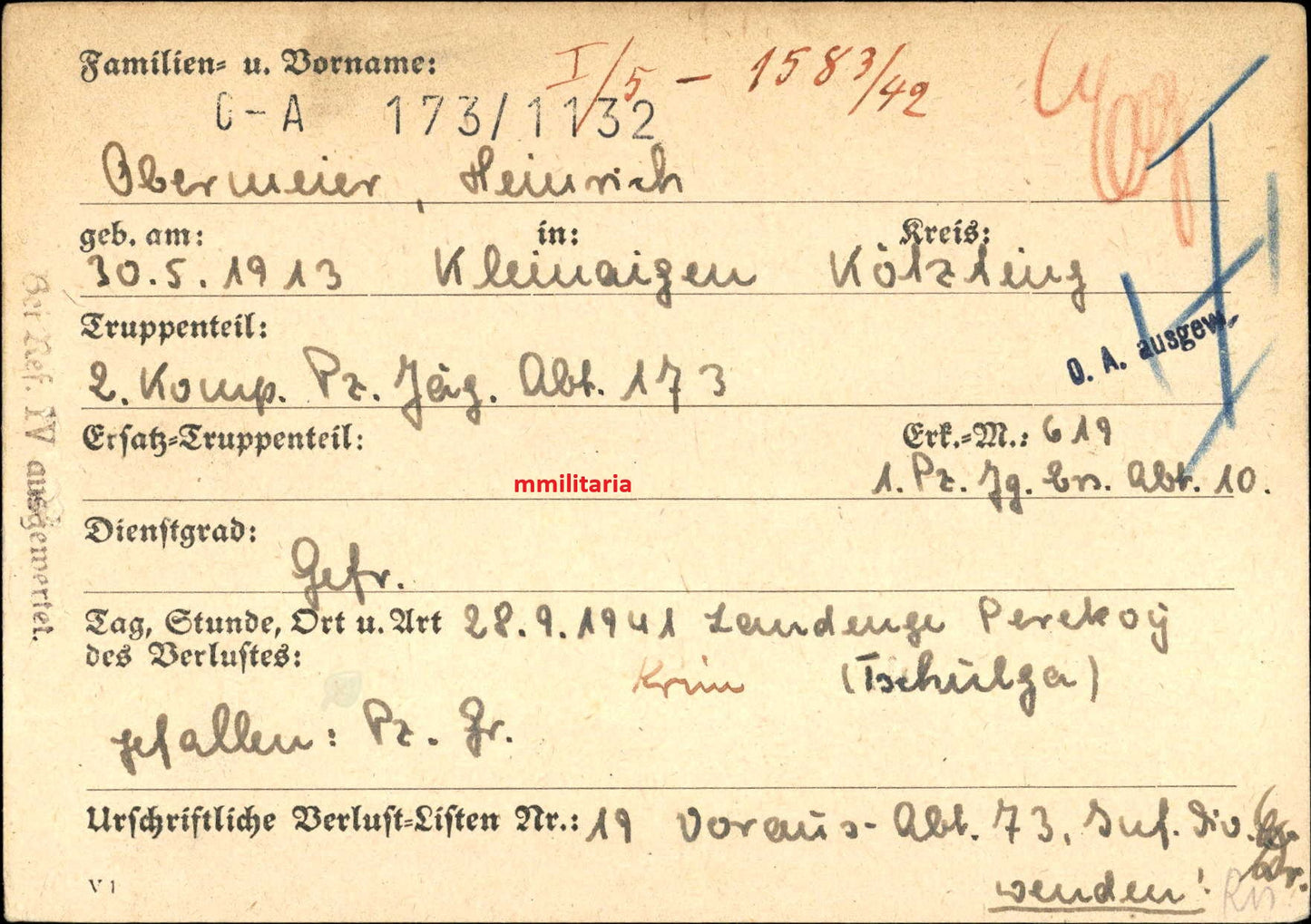 Sterbebild Gefreiter Kleinaign 2. Komp. Panzer-Jäger Abt. 173 Landenge Perekop Ukraine - www.mmilitaria.com