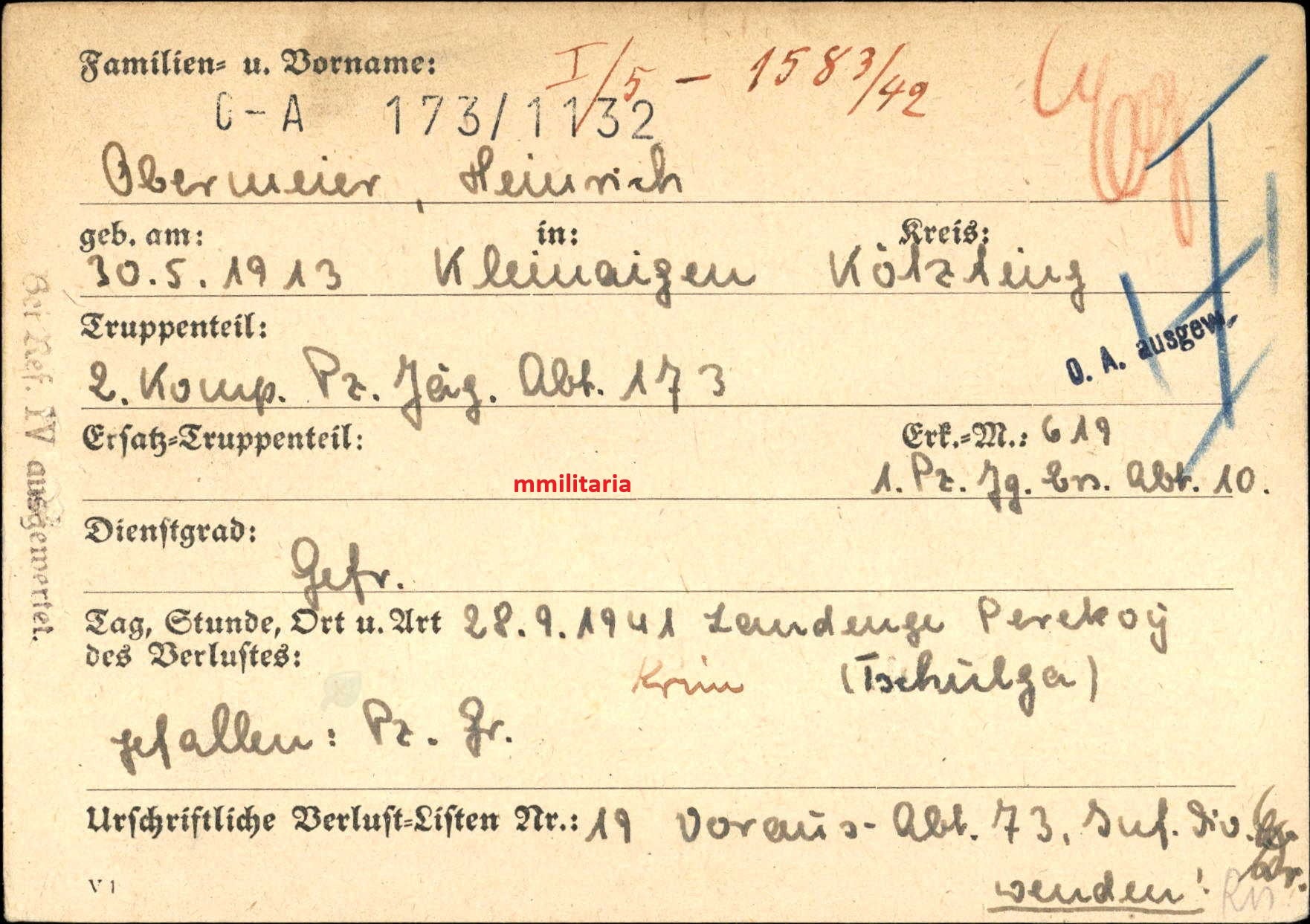 Sterbebild Gefreiter Kleinaign 2. Komp. Panzer-Jäger Abt. 173 Landenge Perekop Ukraine - www.mmilitaria.com