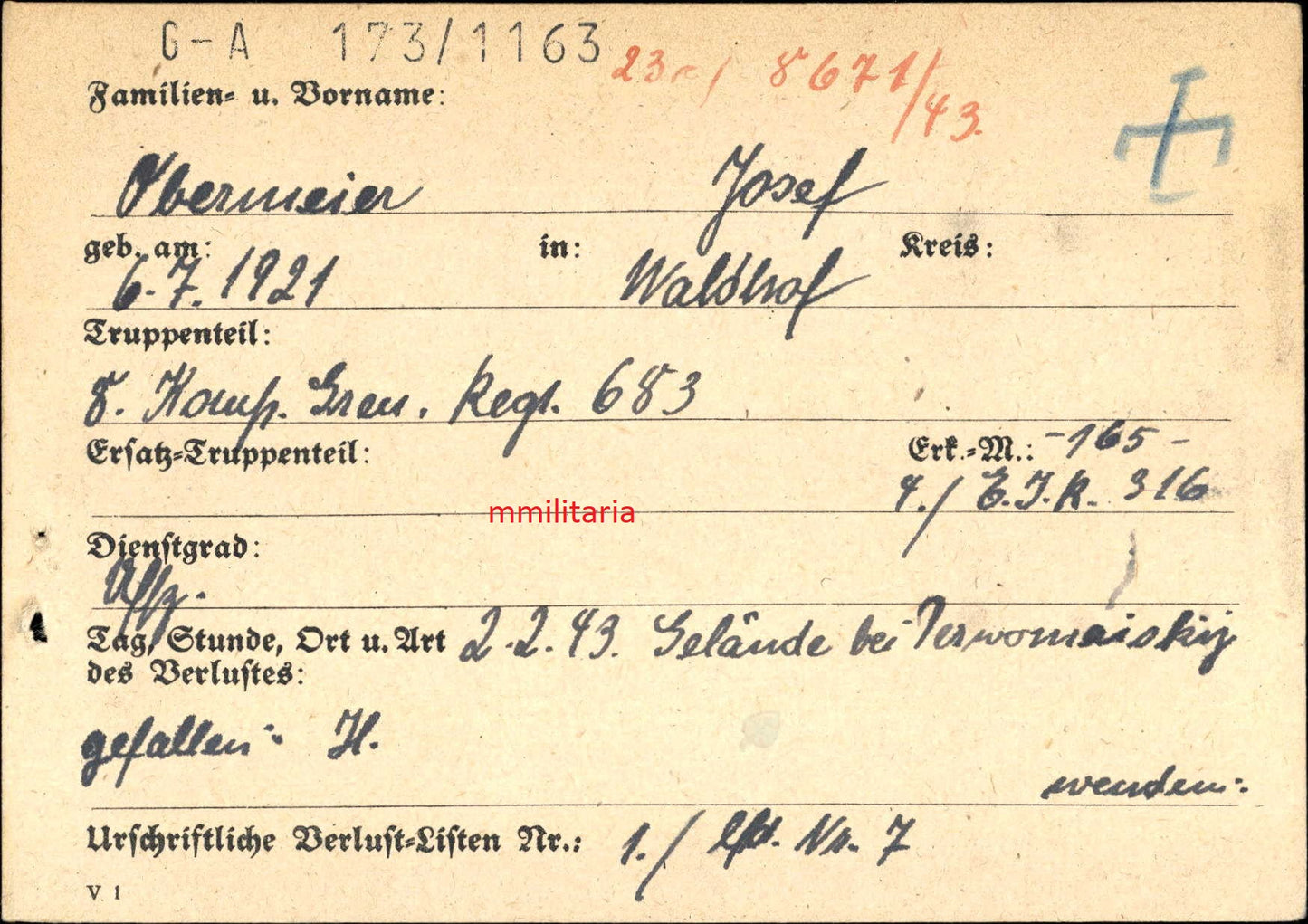 Sterbebild Obergefreiter 6. Panzer-Gren. Regt. 11 PKA Kolodesy Ostfront