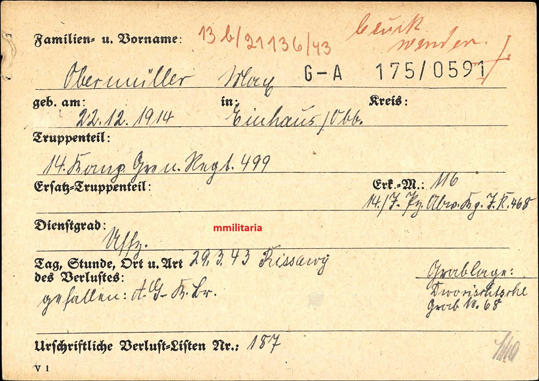 Sterbebild Unteroffizier Einhaus PAK Abt. 14. Komp. Gren. Regt. 499 Rissawy Russland - www.mmilitaria.com
