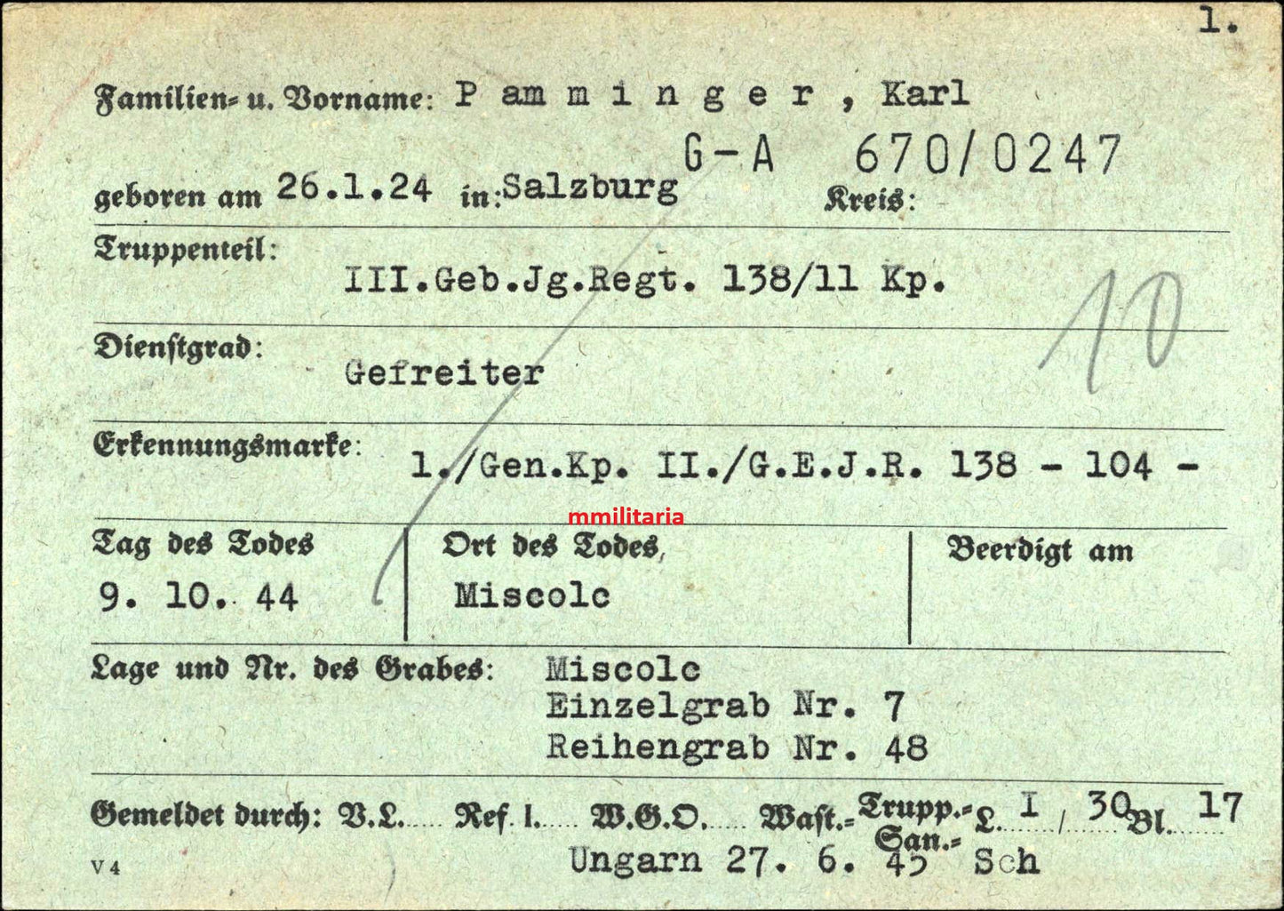 Sterbebild Gefreiter Salzburg III Geb.-Jäger Regt. 138/11 Kp. Grabfoto Klausenburg Miskolc Ungarn