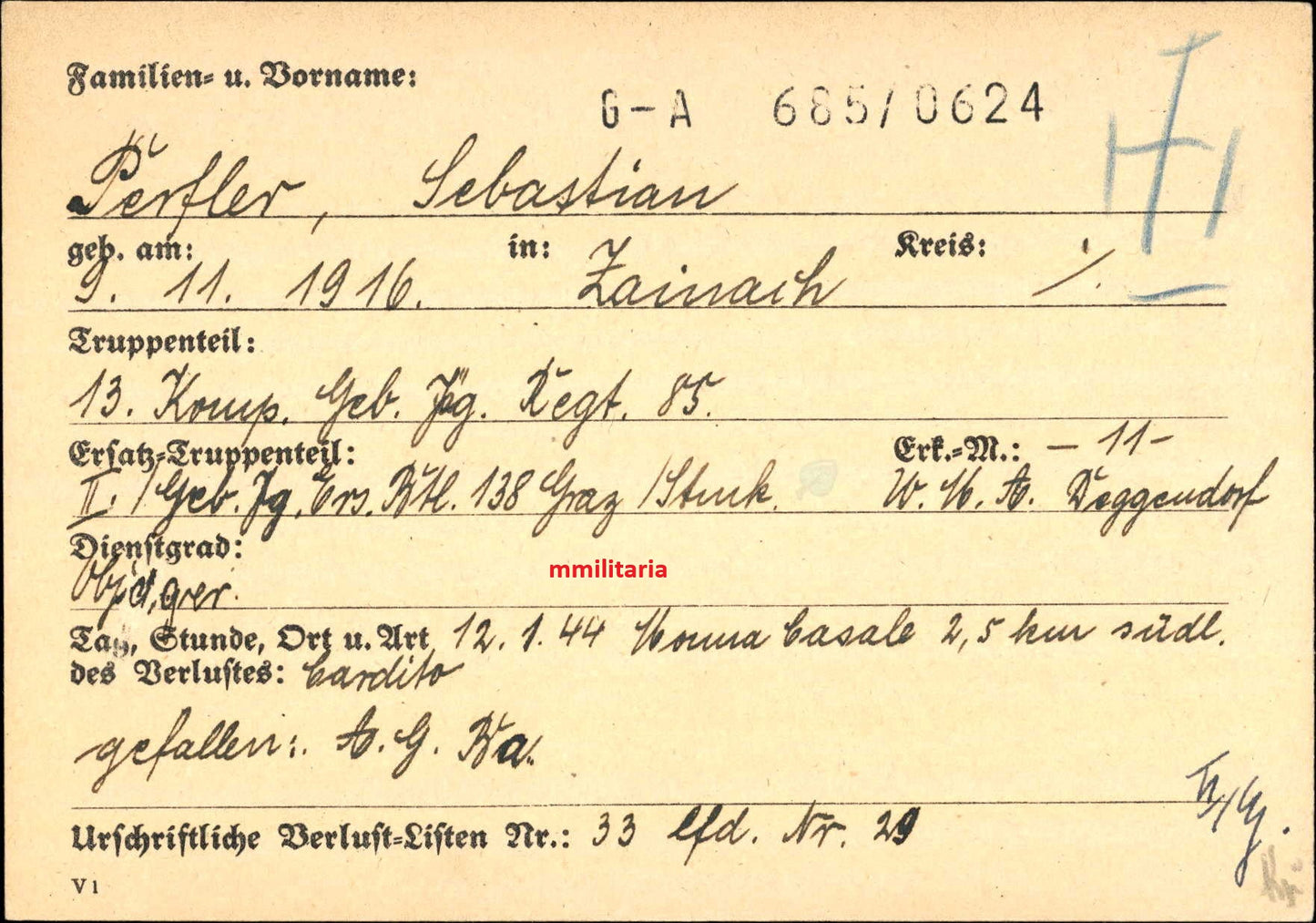 Sterbebild Unteroffizier Zainach 13. Komp. Geb.-Jäger Regt. 85 Kretaband Monte Casale Cassino Italien