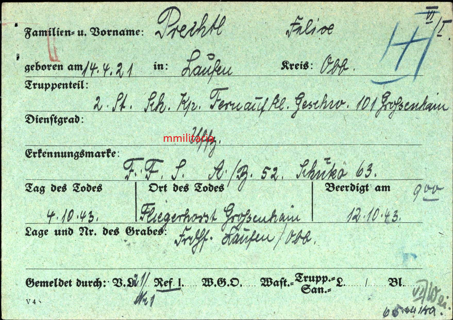 Sterbebild Unteroffizier Laufen Pilot 2./FAG-101 Großenhain Deutschland