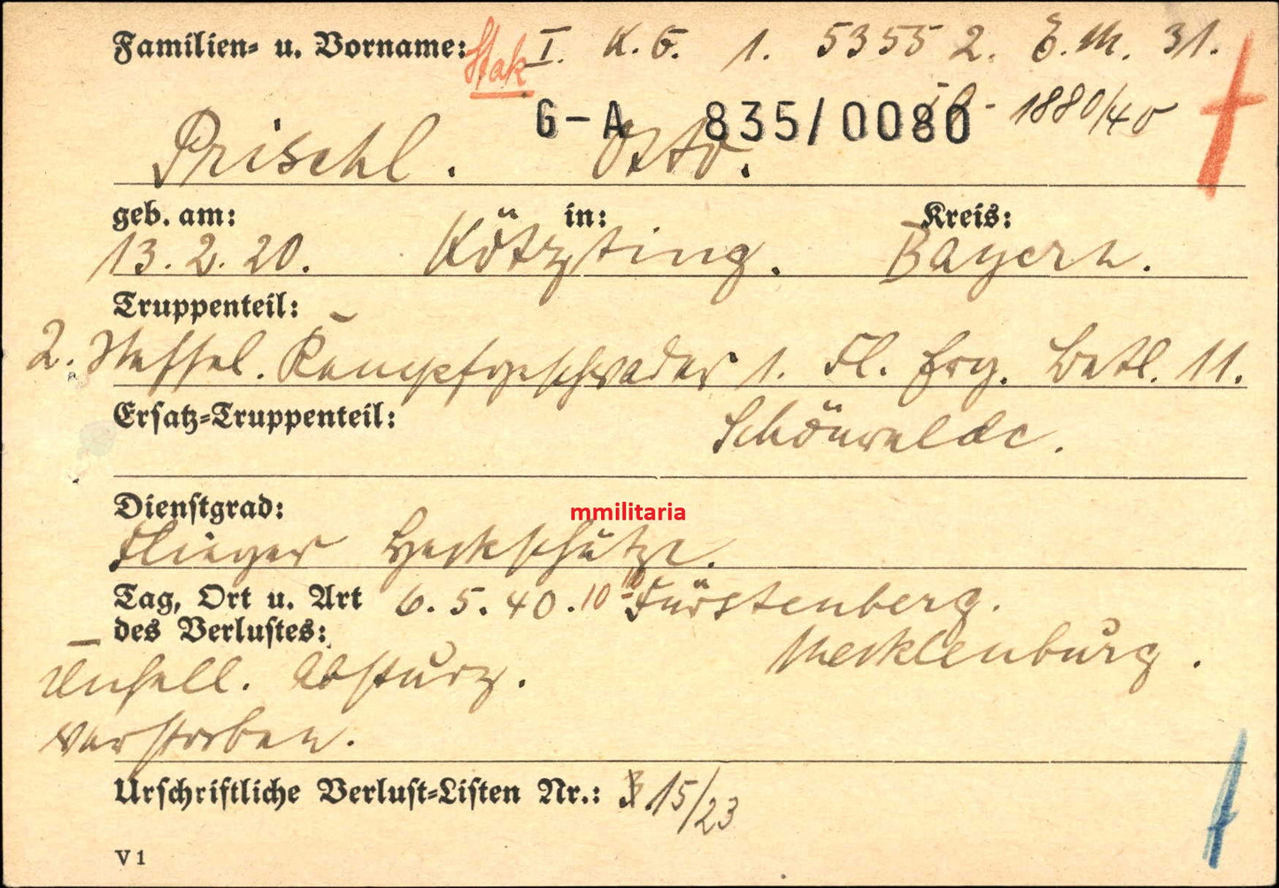 Sterbebild Flieger-Gefreiter Kötzting 2./KG-1 "Hindenburg" Fürstenberg Mecklenburg - www.mmilitaria.com