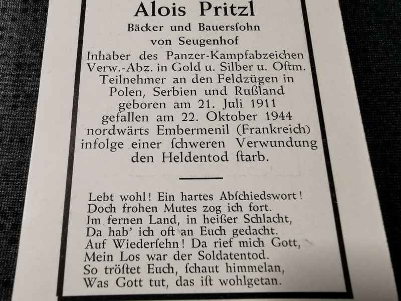 Sterbebild Stabsgefreiter Seugenhof 4. Panz. Aufkl. Abt. 11 PKA Gold & Silber Embermenil Asslingen Reillon Frankreich