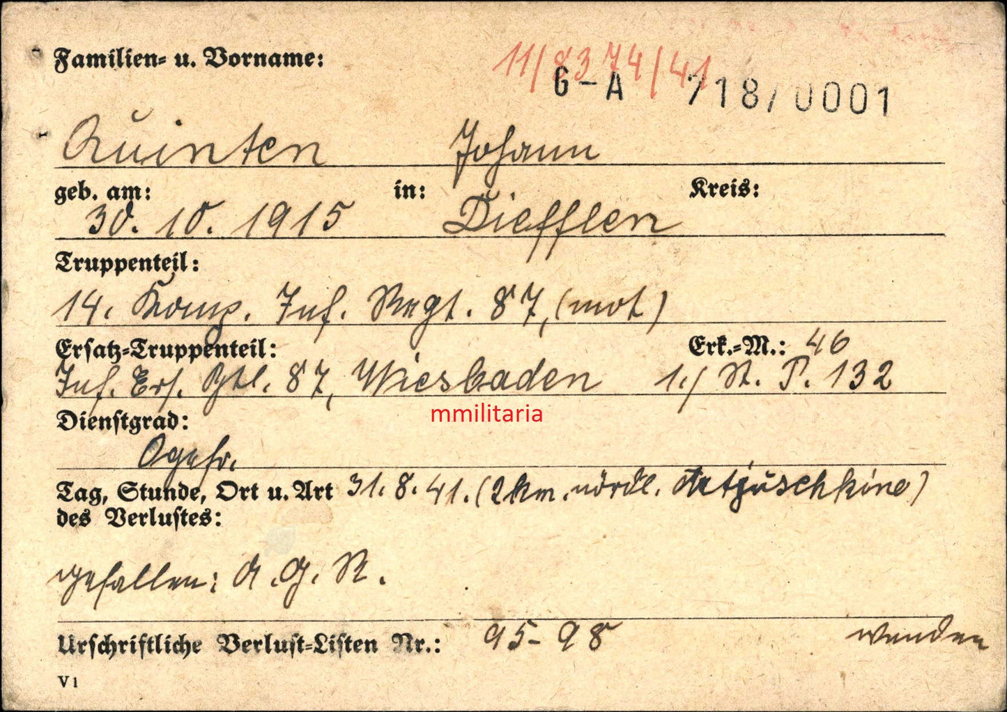 Sterbebild Obergefreiter Diefflen 14. Komp. Inf. Regt. 87 (Mot) Artjuschkino Ukraine