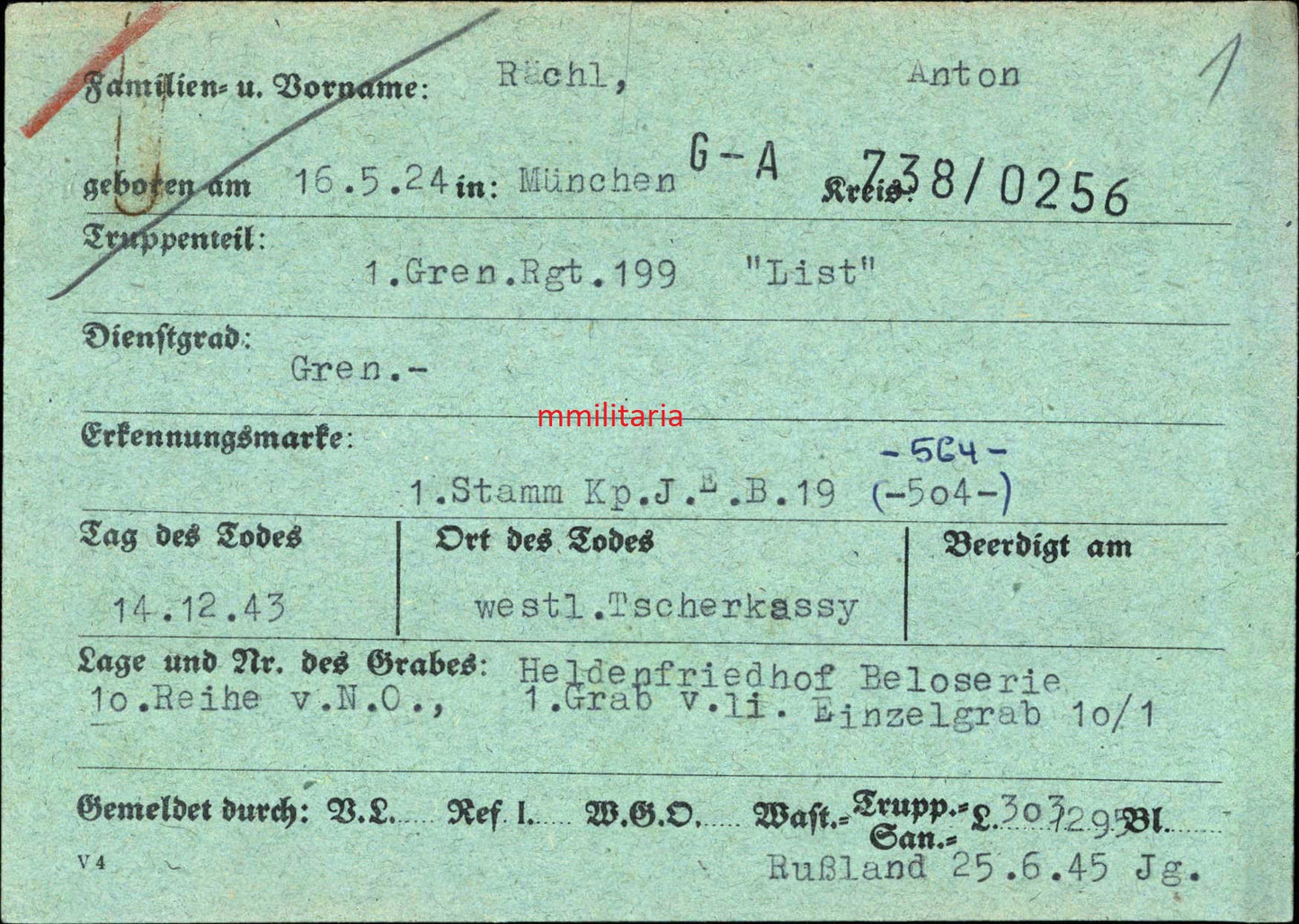 Sterbebild Grenadier München 1. Gren. Regt. 199 "List" Tscherkassy Bilosirja Ukraine