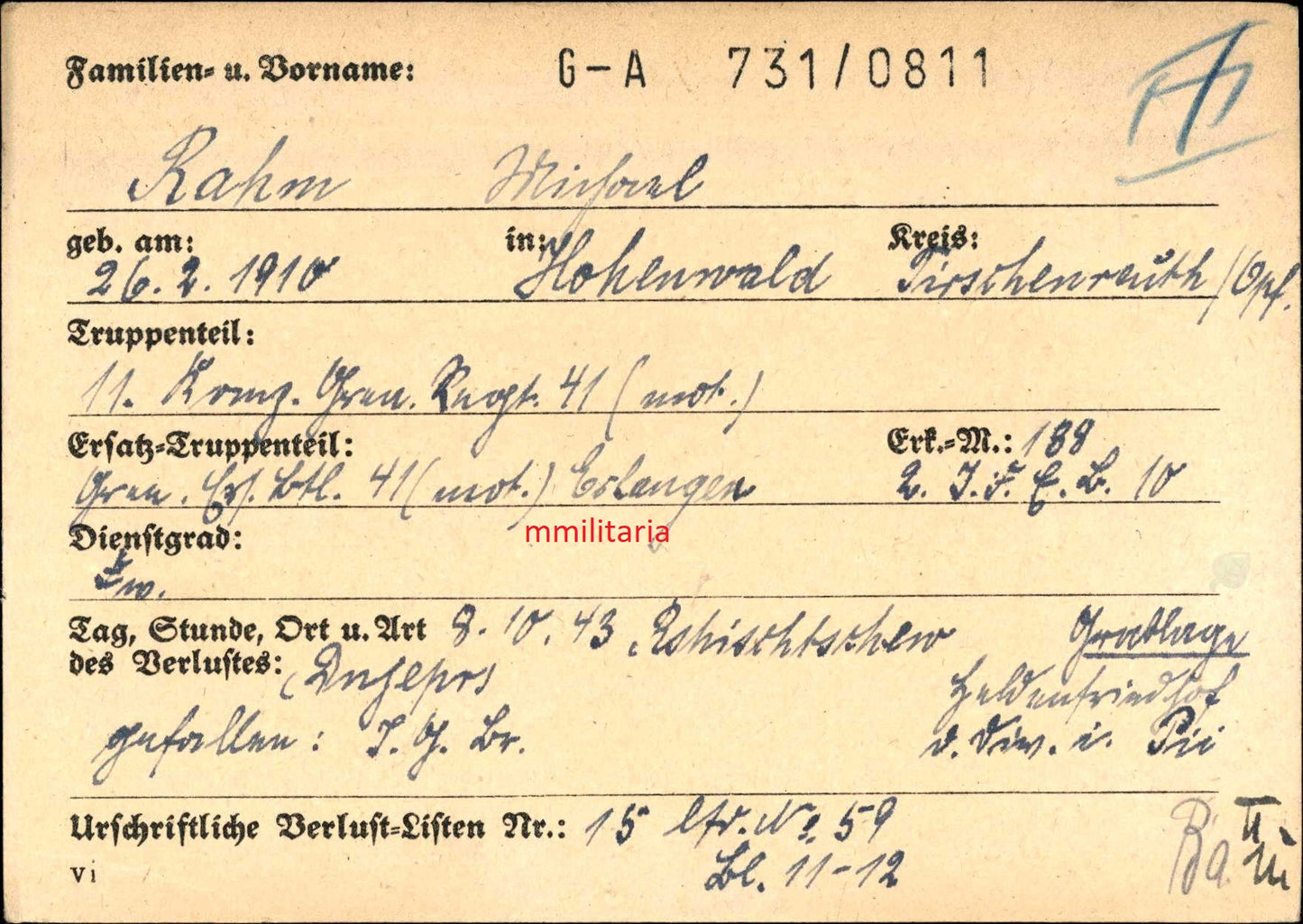 Sterbebild Feldwebel Hohenwald 11. Komp. Gren. Regt. 41 (Mot) Sudetenland Rschischtschew Ukraine