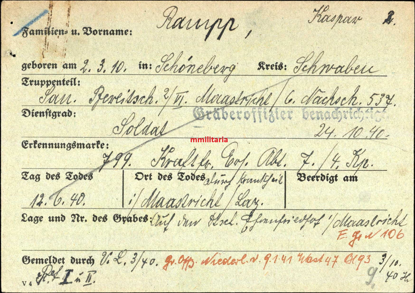 Sterbebild Soldat Schöneberg Sanitäts-Bereitschaft 2/IV Maastricht Ysselsteyn Holland - www.mmilitaria.com