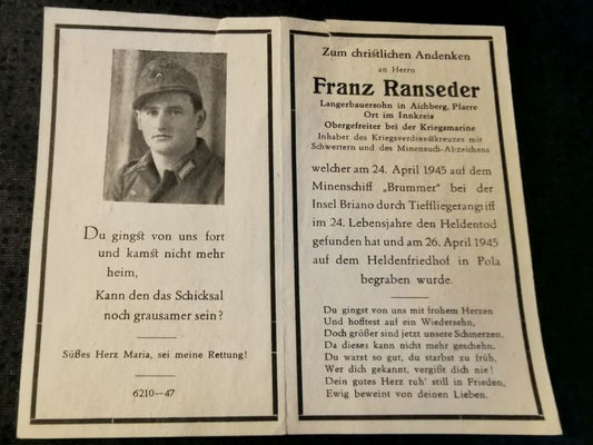 Sterbebild Obergefreiter Innkreis Kriegsmarine Minenschiff "Brummer" Endkampf Minensuch-Abz. Pola Kroatien - www.mmilitaria.com