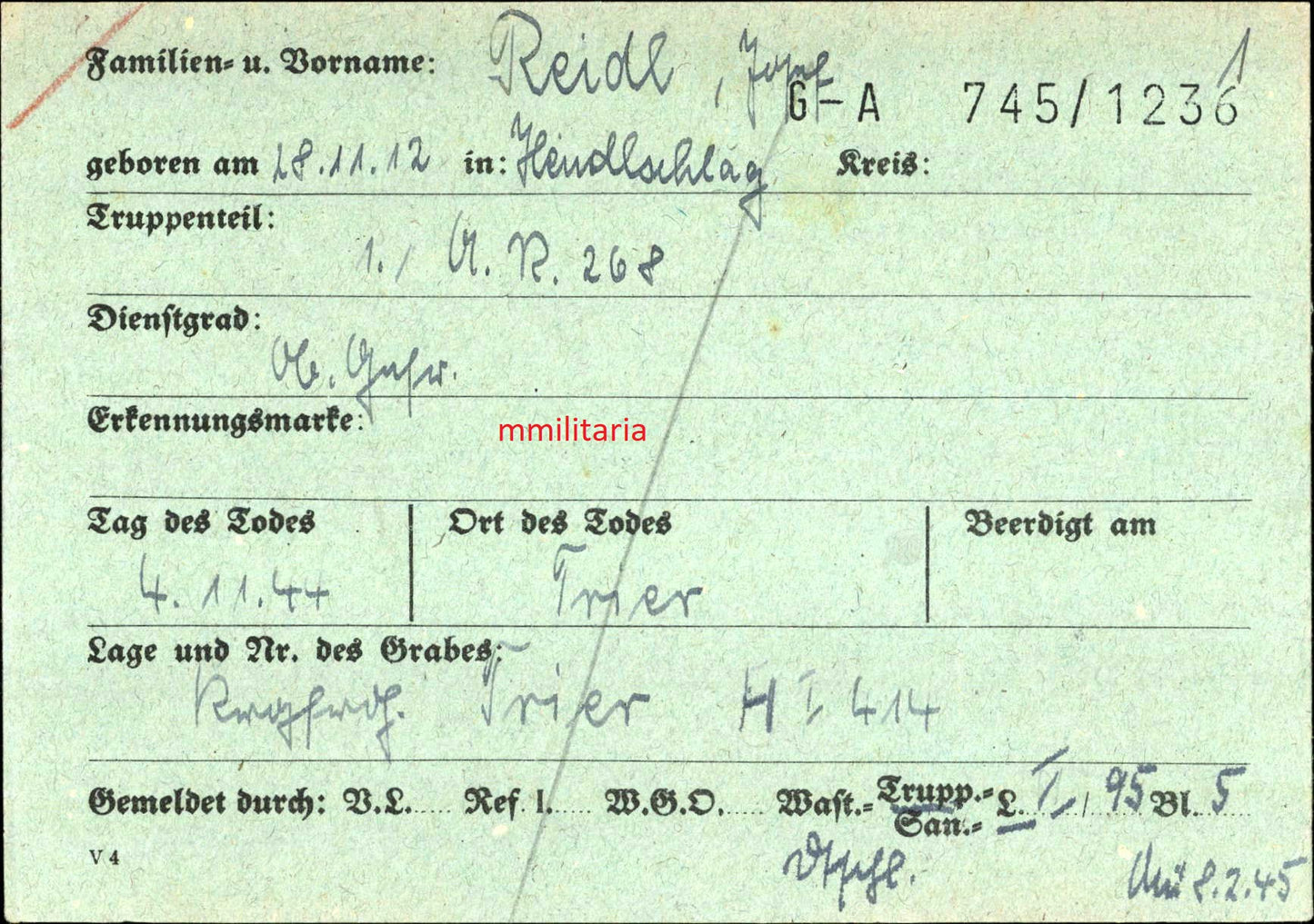 Sterbebild Brüder Heindschlag Obergefreiter Schwere Flak Batterie 287 Rumänischer Orden Kuban Obergefreiter 1. Art. Regt. 268 Trier Deutschland