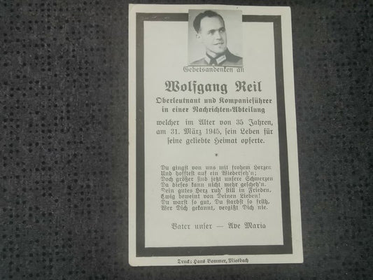 Sterbebild Oberleutnant Hausham Kompanieführer Nachrichten Abt. Endkampf Echtfoto Brückenkopf Danzig Polen