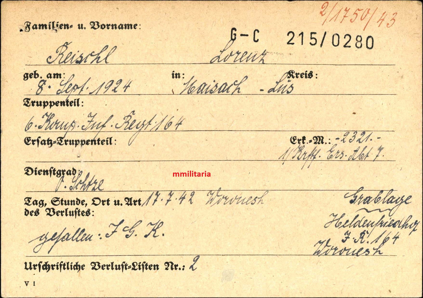 Sterbebild Oberschütze Maisach 6. Komp. Inf. Regt. 164 Woronesh Russland