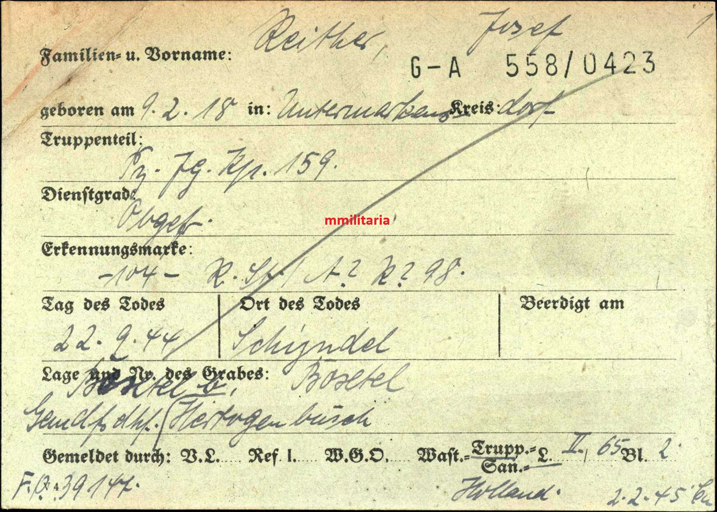 Sterbebild Obergefreiter Untermarkensdorf Panzer-Jäger Komp. 159 Schijndel Ysselsteyn Holland