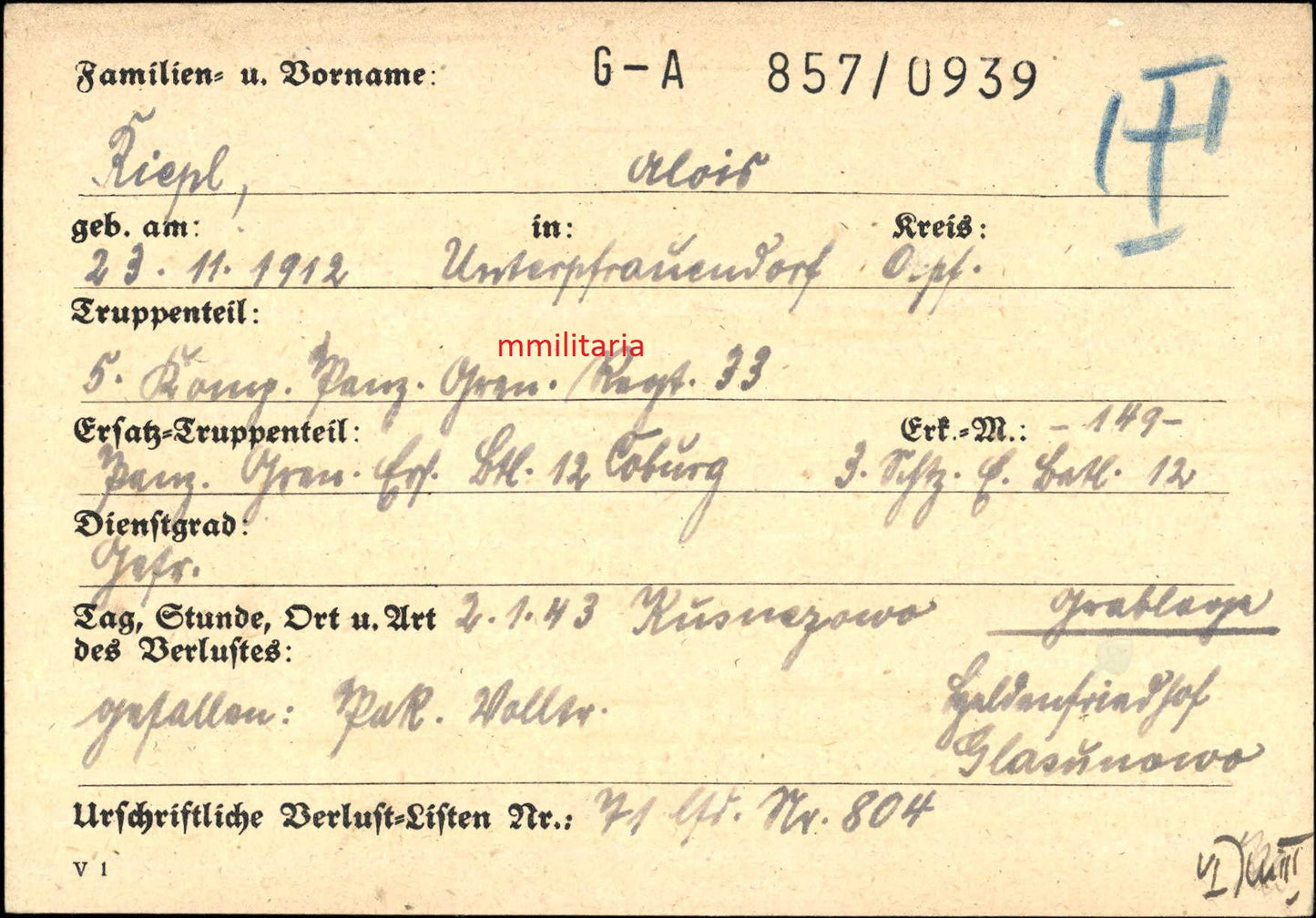 Sterbebild Obergefreiter Unterpfraundorf 5. Komp. Panzer Gren. Regt. 33 PKA PAK - Volltreffer Orel Kusnezewo Russland