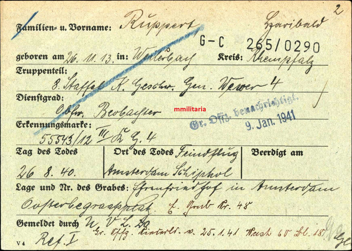 Sterbebild Oberfeldwebel Weilerbach 8./KG-4 "General Wever" Spanienkreuz Cruz De Guerre Amsterdam Holland - www.mmilitaria.com