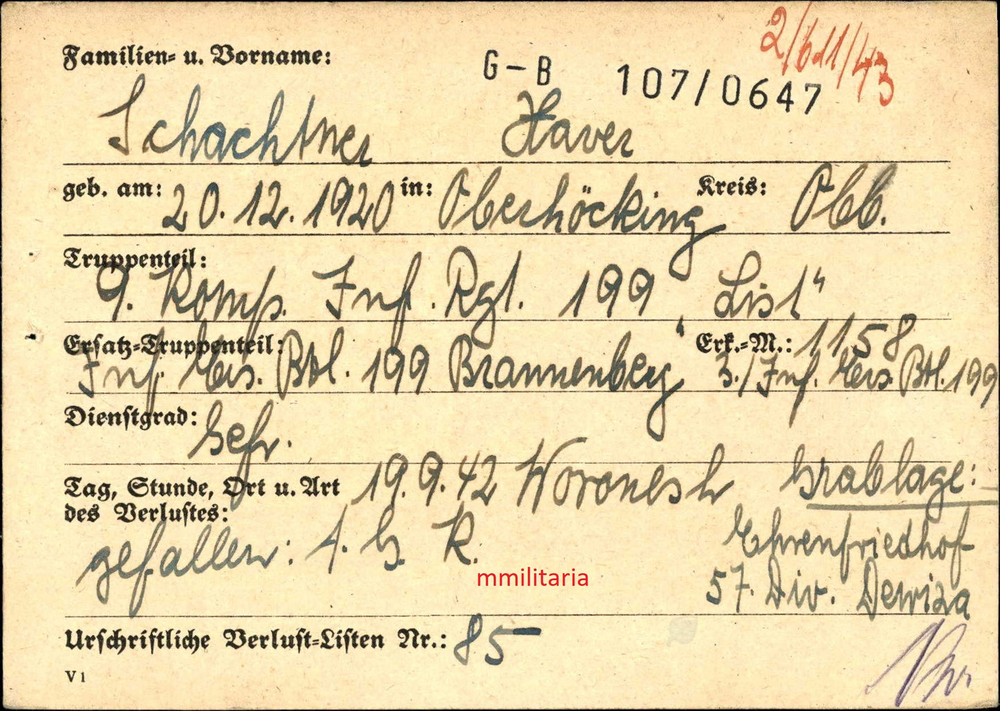 Sterbebild Gefreiter Oberhöcking 9. Komp. Inf. Regt. 199 "List" Woronesch Russland