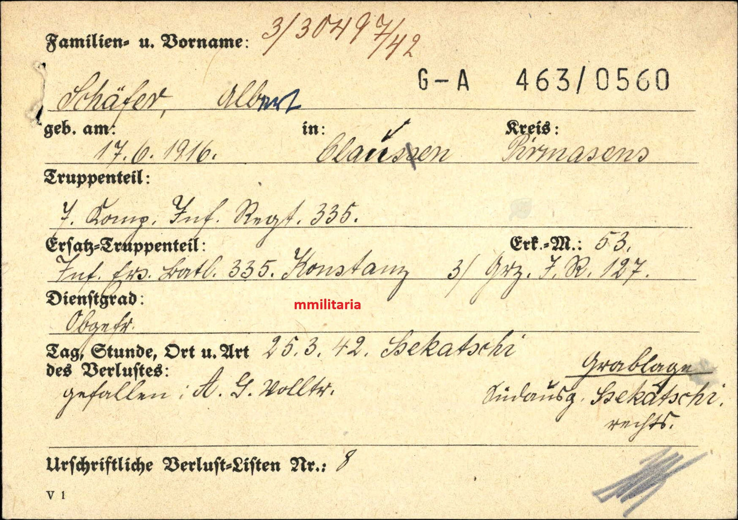 Sterbebild Obergefreiter Clausen 7. Komp. Inf. Regt. 335 Ssekatschi Russland - www.mmilitaria.com