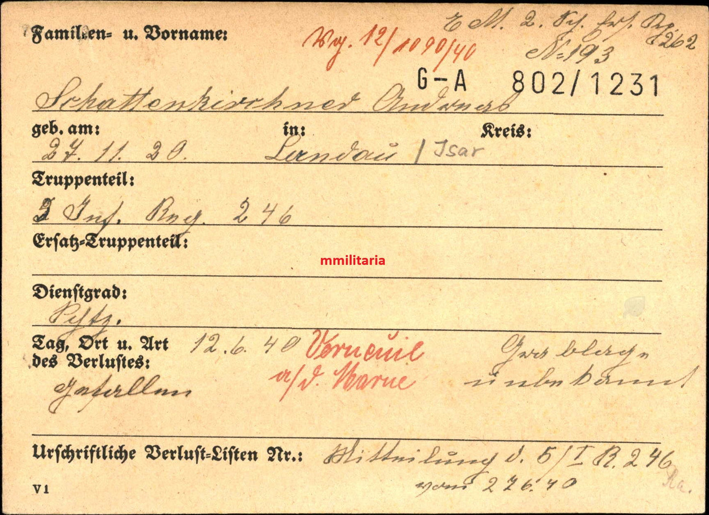 Sterbebild Schütze Landau 5. Komp. Inf. Reg. 246 Verneuil Marne Frankreich