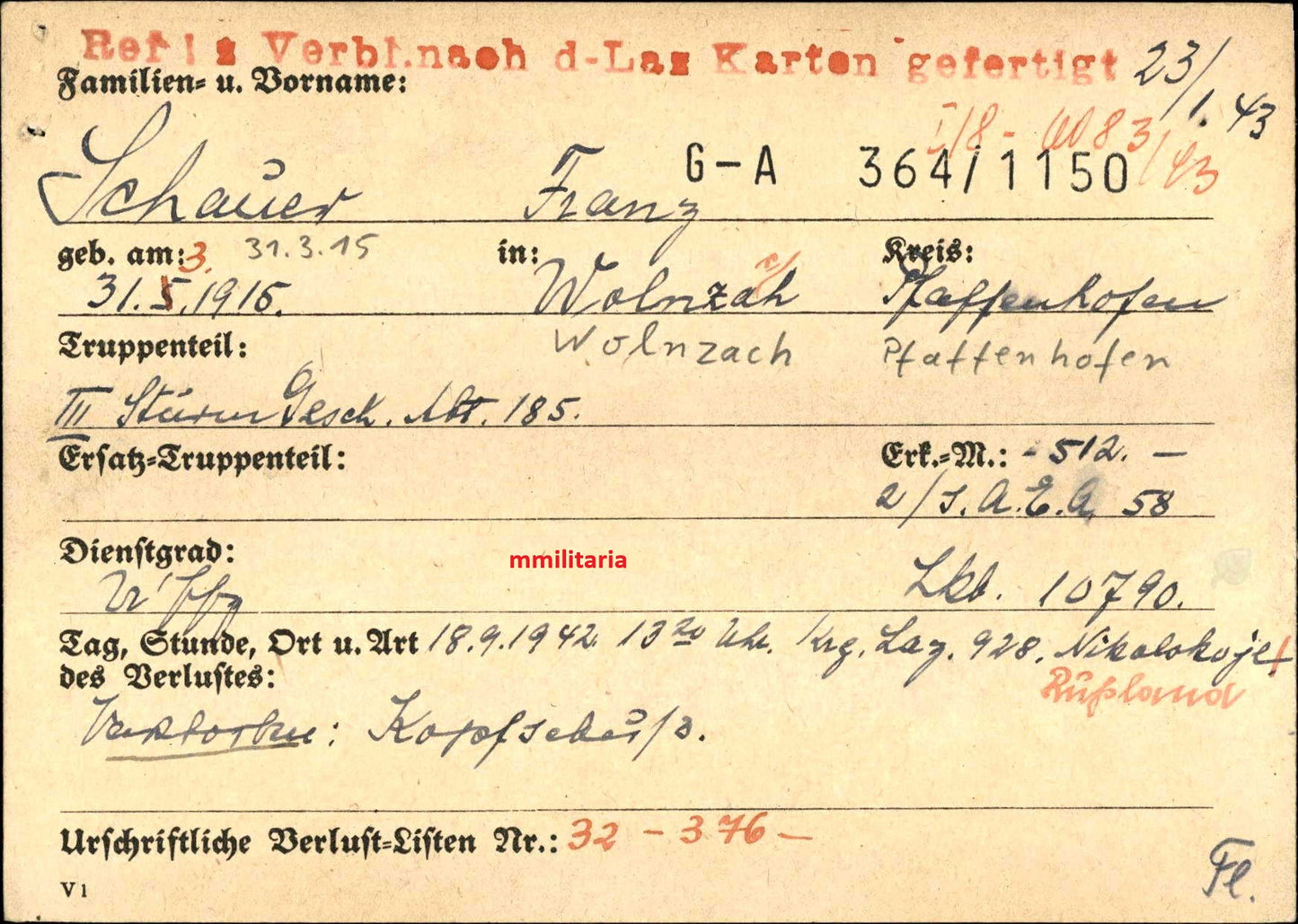 Sterbebild Unteroffizier Wolznach III. Sturmgeschütz Abt. 185 PSA Nikolskoje Russland - www.mmilitaria.com