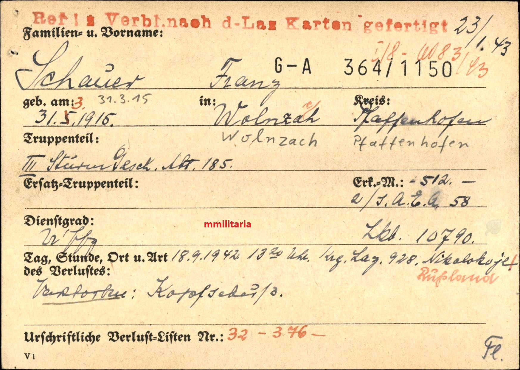 Sterbebild Unteroffizier Wolznach III. Sturmgeschütz Abt. 185 PSA Nikolskoje Russland - www.mmilitaria.com