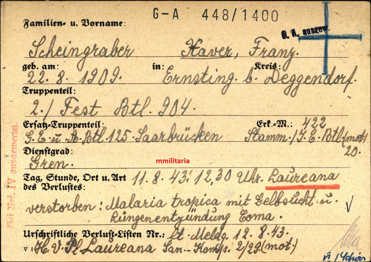 Sterbebild Grenadier Hengersberg 2. Festungs-Btl. 904 Sizilien Italien - www.mmilitaria.com