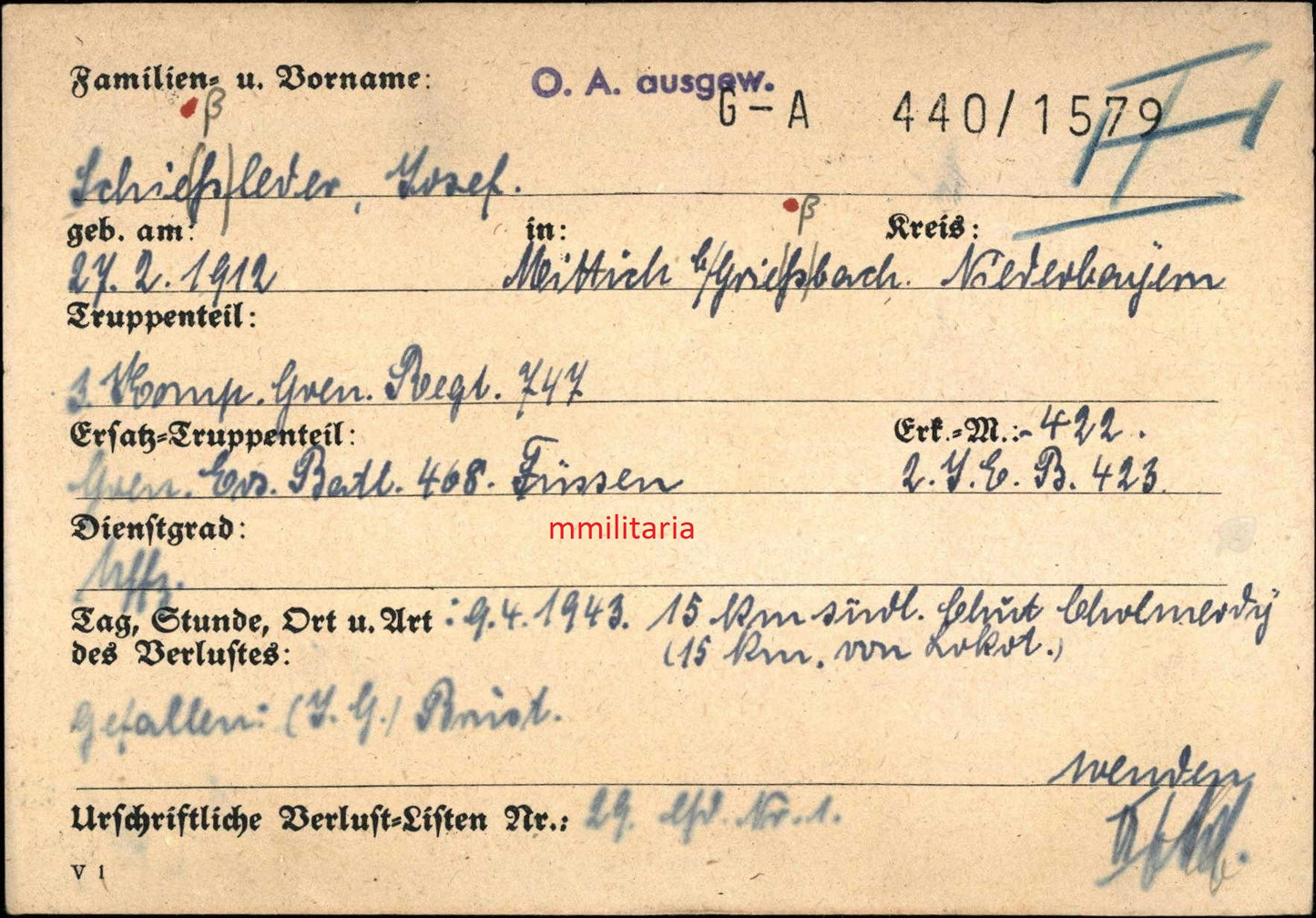 Sterbebild Unteroffizier Mittich 3. Komp. Gren. Regt. 747 Cholmerdy-Lokot Russland