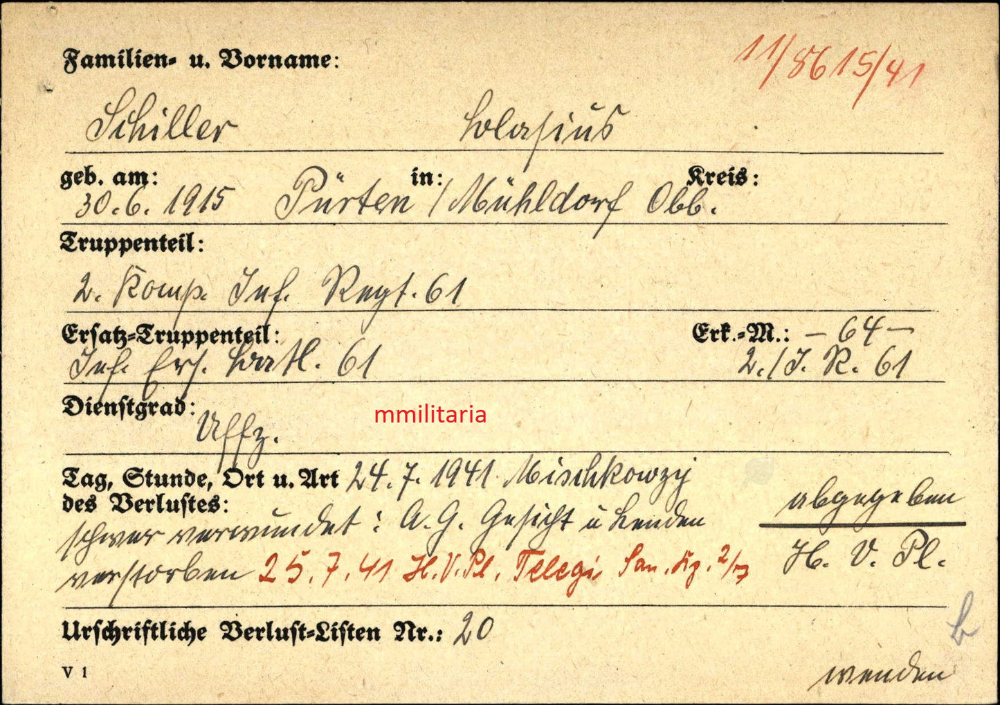 Sterbebild Unteroffizier Pürten 2. Inf. Regt. 61 EK I & II Schatkowo Weissrussland