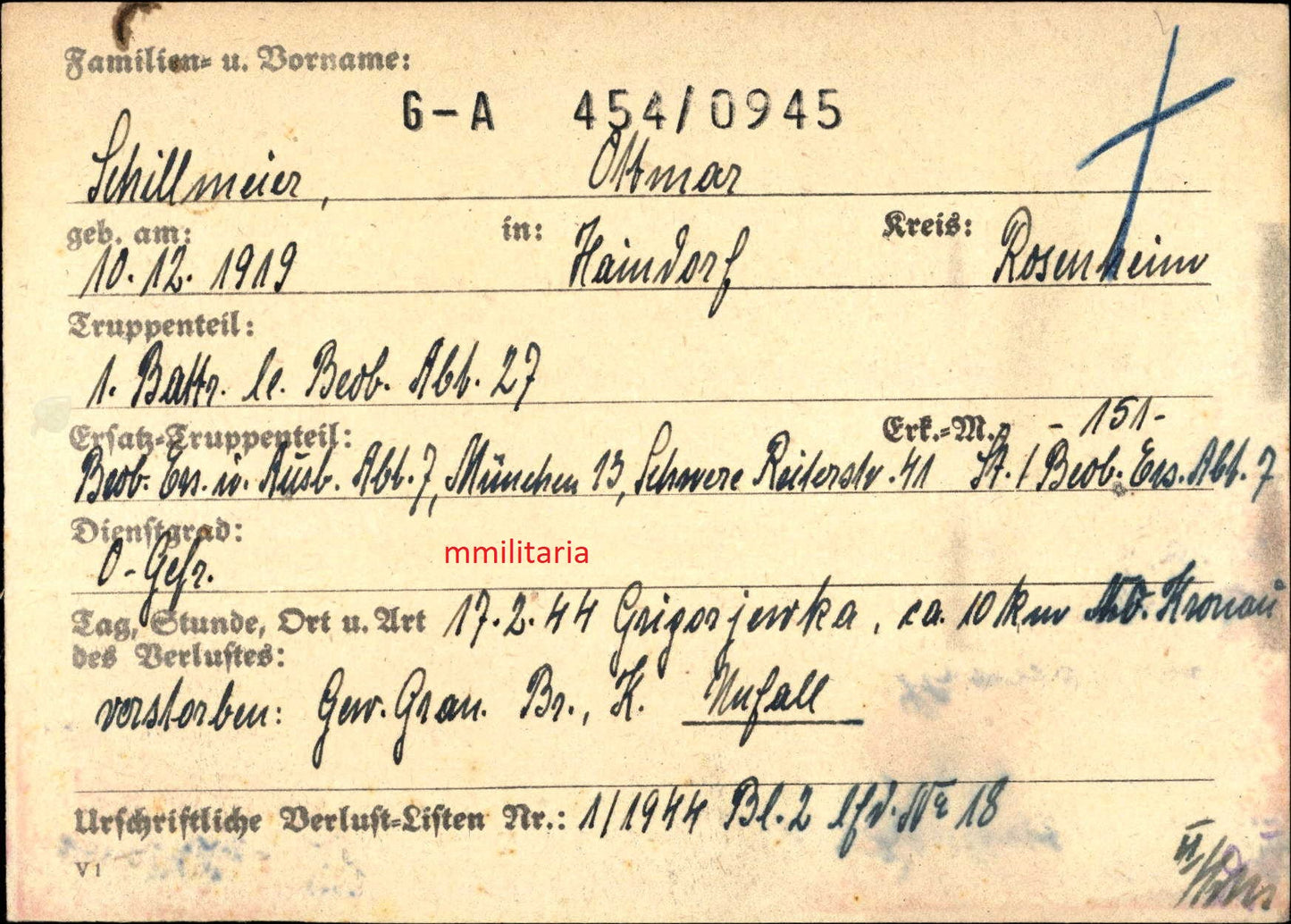 Sterbebild Obergefreiter 1. Batterie Beobachtungs-Abt. 27 Kriwoj Rog Ukraine