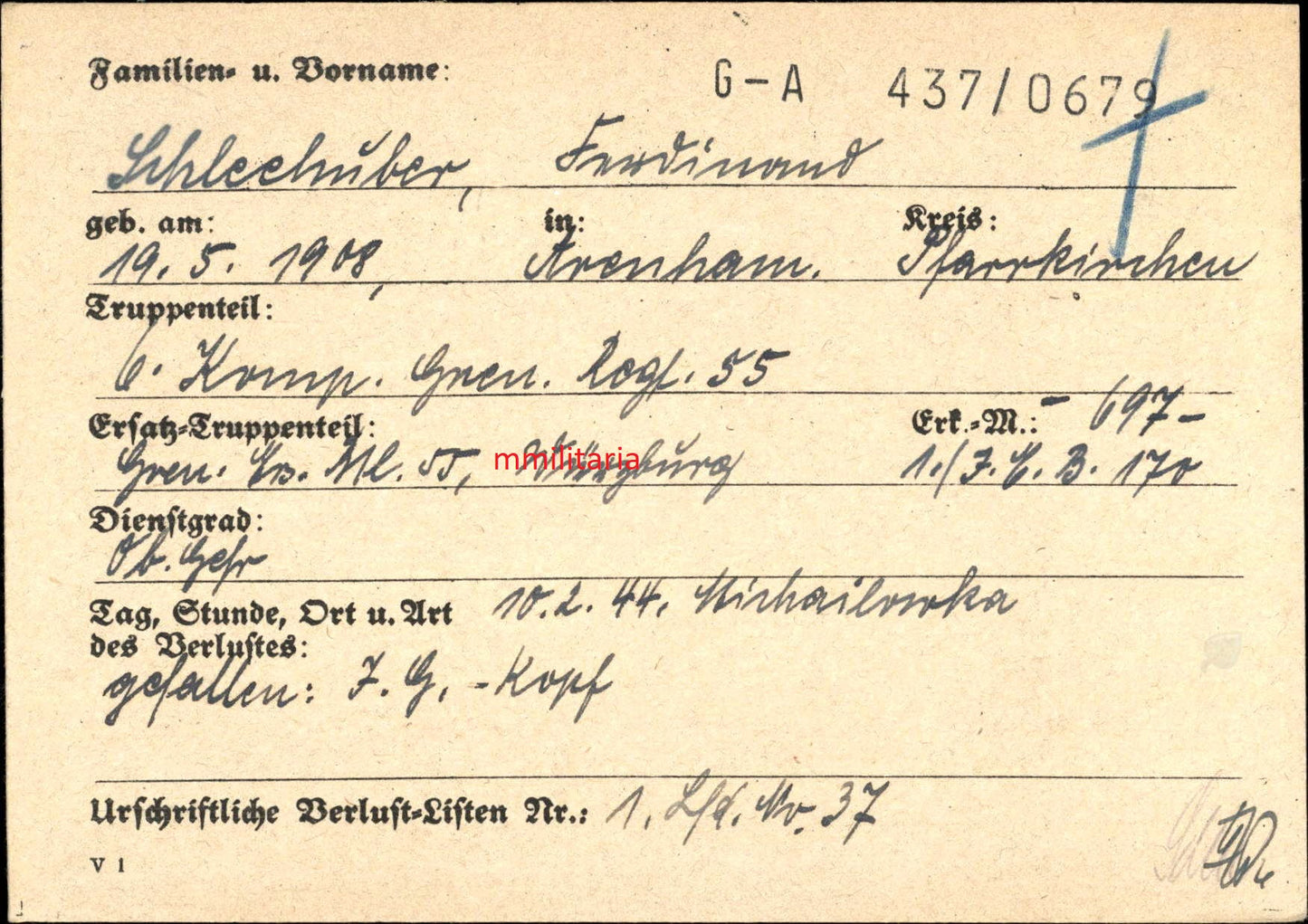 Sterbebild Obergefreiter Asenham 6. Komp. Gren. Regt. 55 Michailowka Ukraine