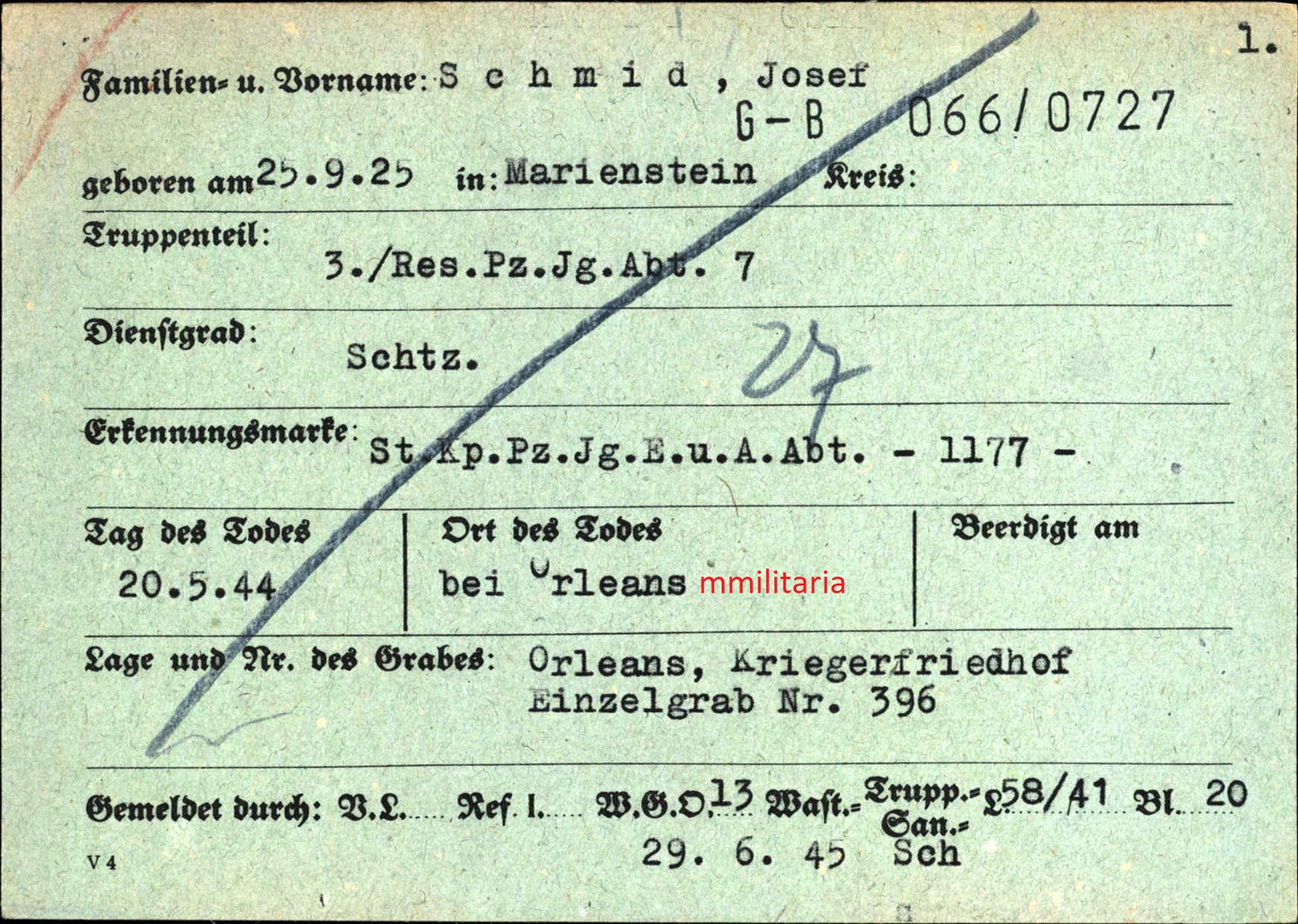 Sterbebild Schütze Marienstein 18 Jahre 3. Reserve Panzer Jäger Abt. 7 Les Aubrais Orleans Frankreich