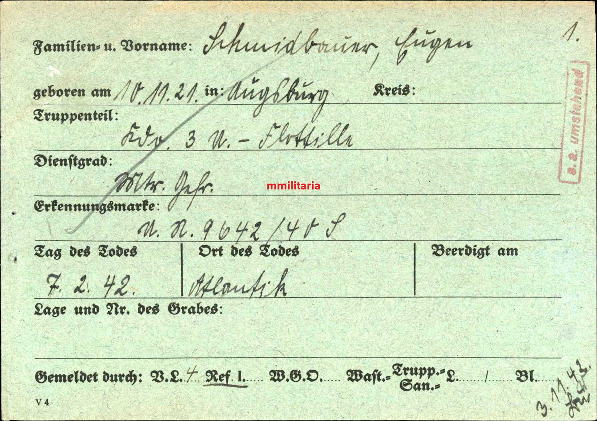 Sterbebild MtrGfr. Augsburg 3. U-Flottille U82 Azoren Nordatlantik HMS Rochester