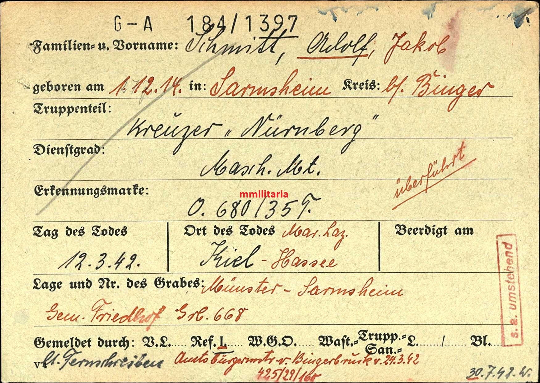 Sterbebild Maschinenmaat Sarmsheim KM "Kreuzer Nürnberg" Spanienkreuz Marine-Lazarett Kiel - www.mmilitaria.com