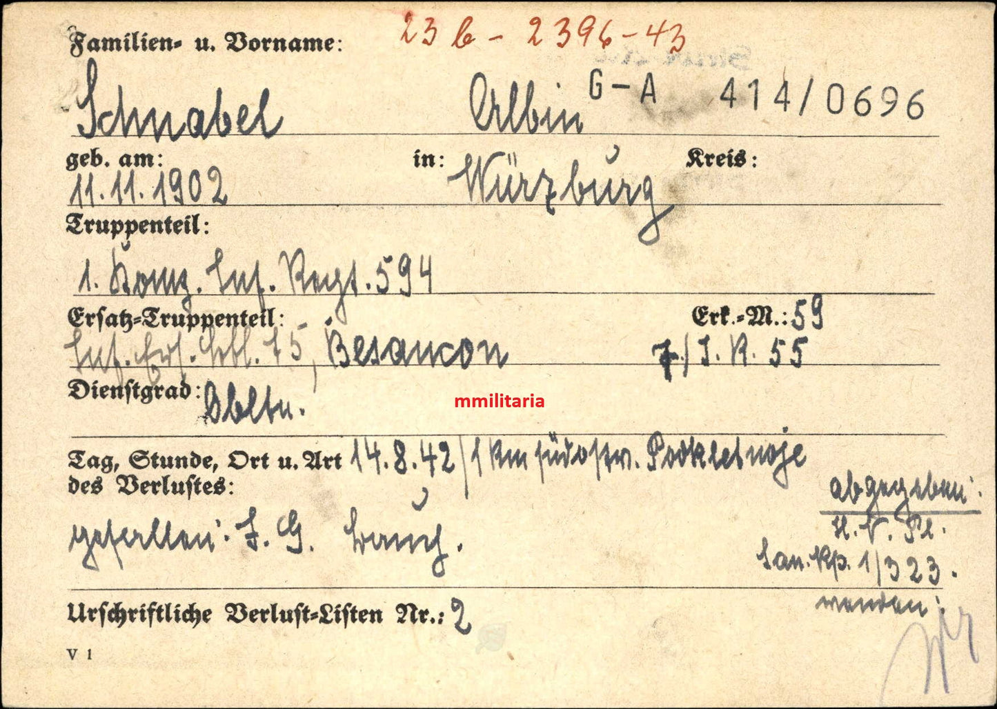 Sterbebild Oberleutnant Würzburg KP-Chef 1. Komp. Inf. Regt. 594 Muratoff Russland