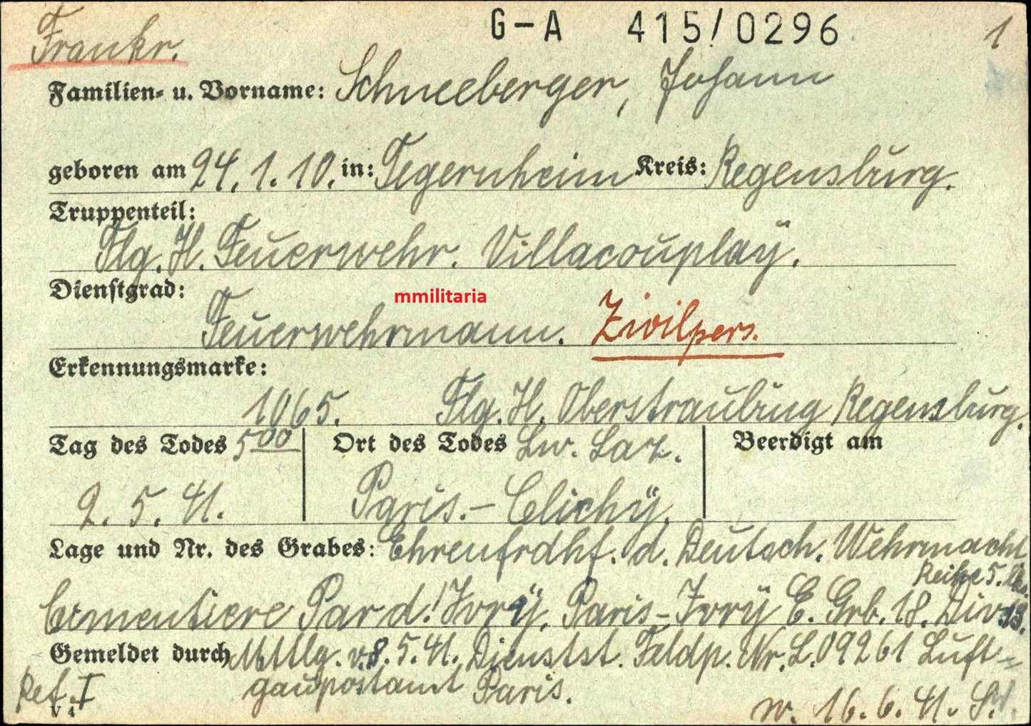 Sterbebild Fliegerhorst-Feuerwehrmann Tegernheim Paris-Clichy Champigny-la-Futelaye Frankreich
