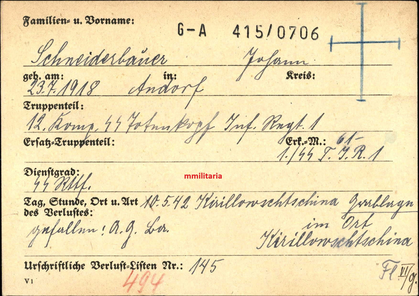 Sterbebild SS-Rottenführer Andorf 12. Komp. SS-Totenkopf-Inf. Regt. 1 Russland - www.mmilitaria.com