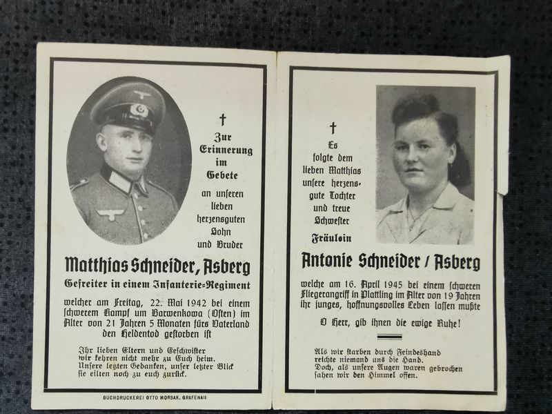 Sterbebild + Schwester Gefreiter 13. Komp. Inf. Regt. 546 Barwenkowa Fliegerangriff Plattling Bayern