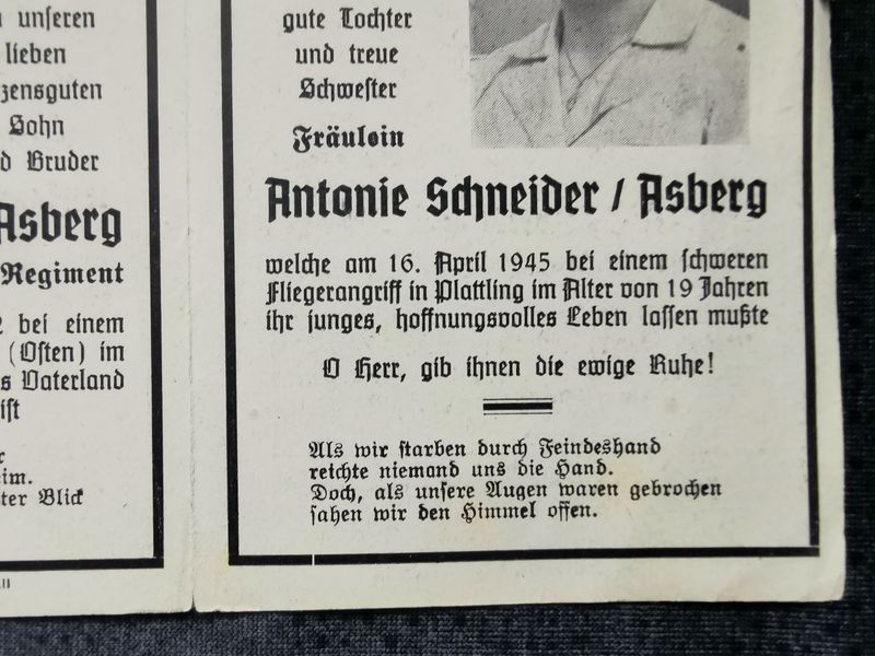 Sterbebild + Schwester Gefreiter 13. Komp. Inf. Regt. 546 Barwenkowa Fliegerangriff Plattling Bayern