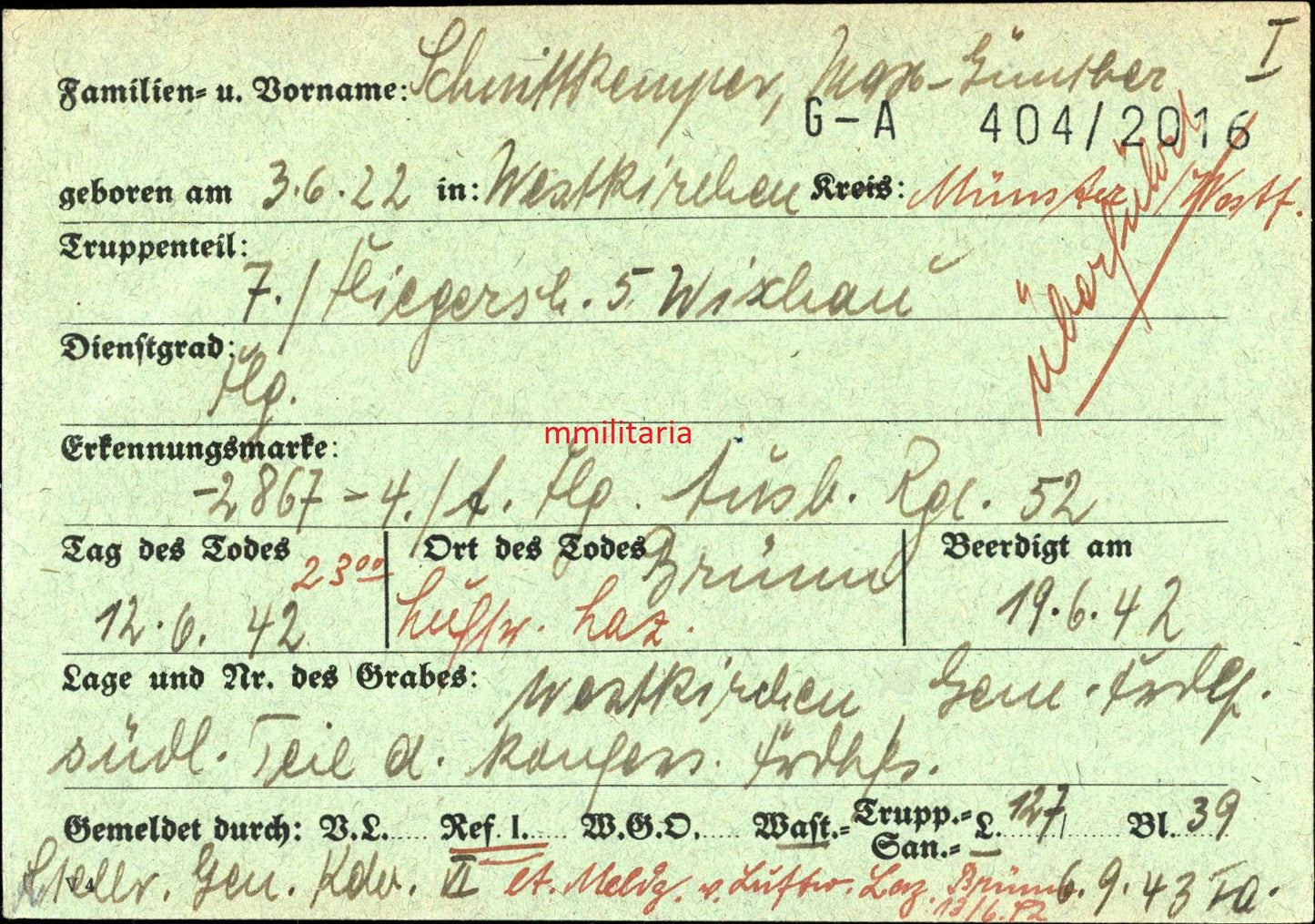 Sterbebild Flieger Westkirchen 7. Fliegerschule 5 Wischau Luftwaffenlazarett Brünn/Mähren