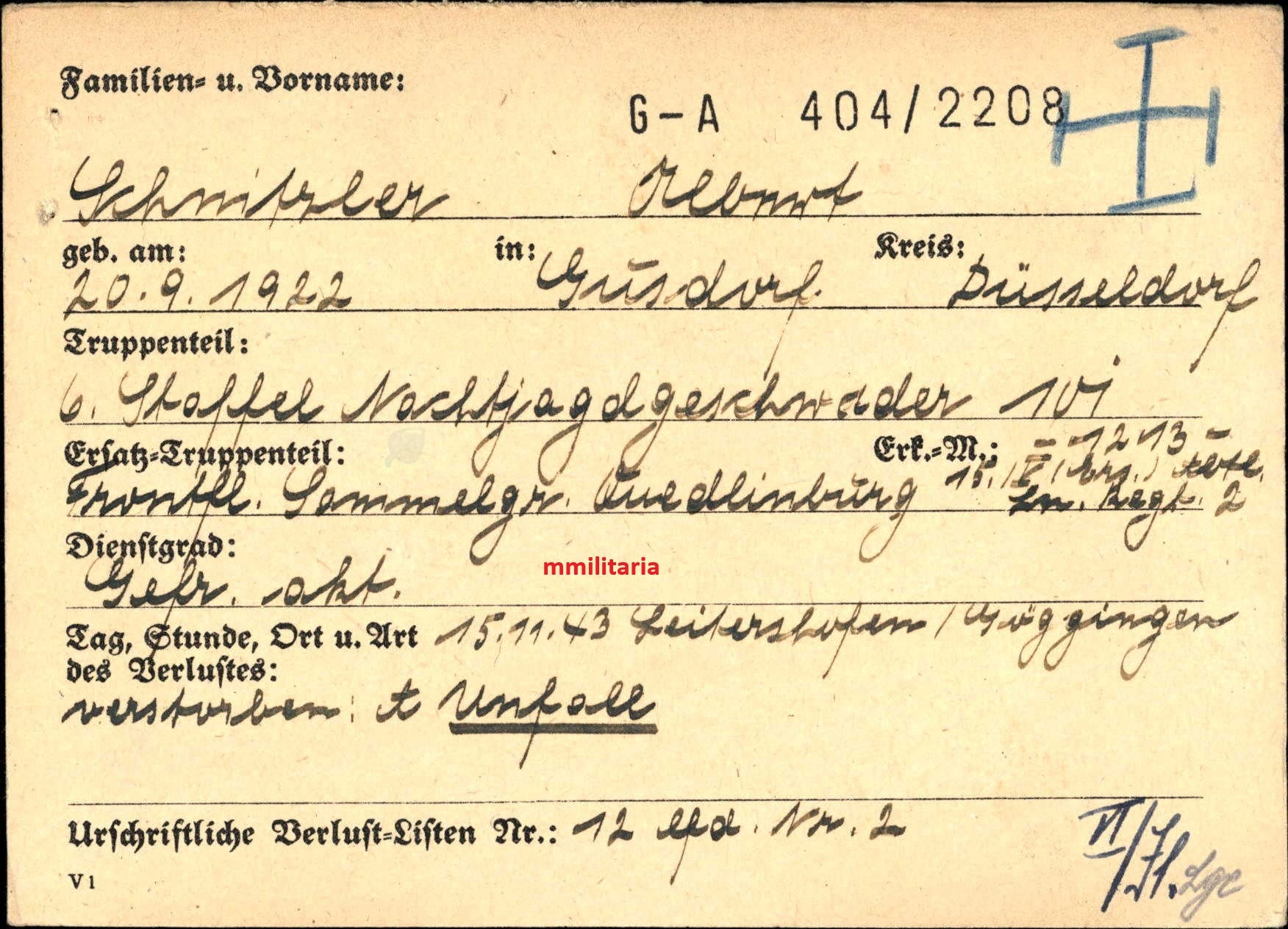 Sterbebild Gefreiter Gustorf Bordfunker 6./NJG-101 Leitershofen Deutschland - www.mmilitaria.com