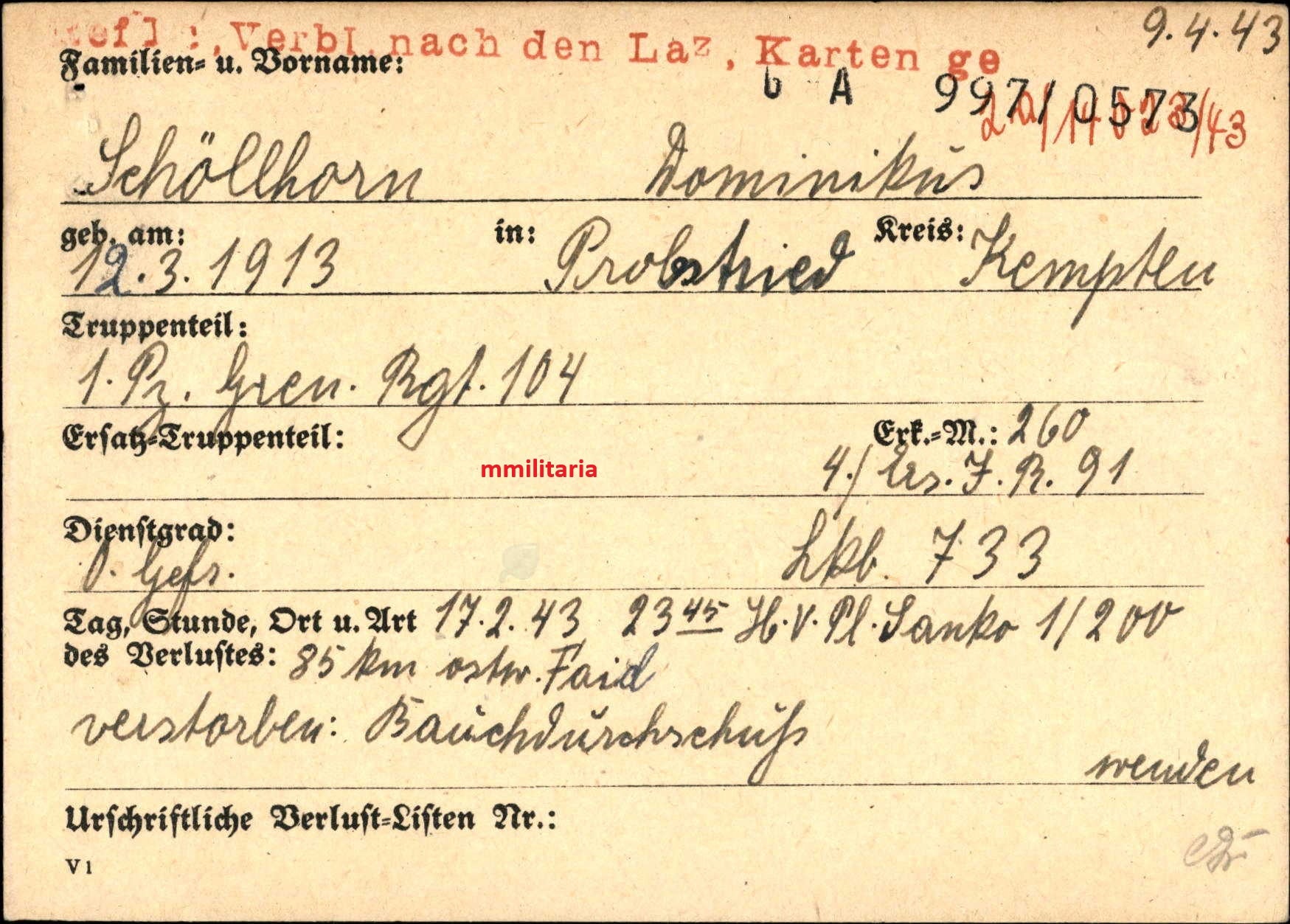 Sterbebild Obergefreiter Probstried 1. Pz.-Gren. Regt. 104 DAK Faïd Tunesien Afrika - www.mmilitaria.com