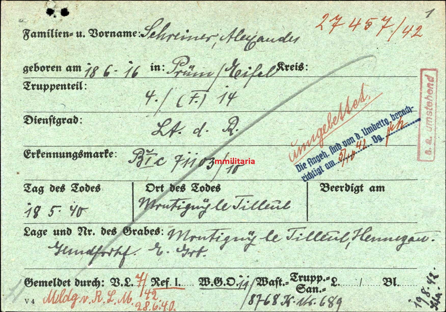 Sterbebild Leutnant Prüm Pilot 4. Staffel (F) 14 Montigny-le-Tilleul Charleroi Belgien - www.mmilitaria.com