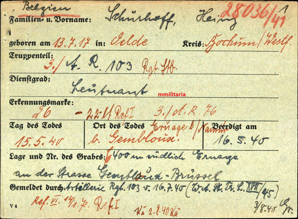 Sterbebild Leutnant Odde 3. Artillerie Regt. 103 Gembloux Lommel Belgien