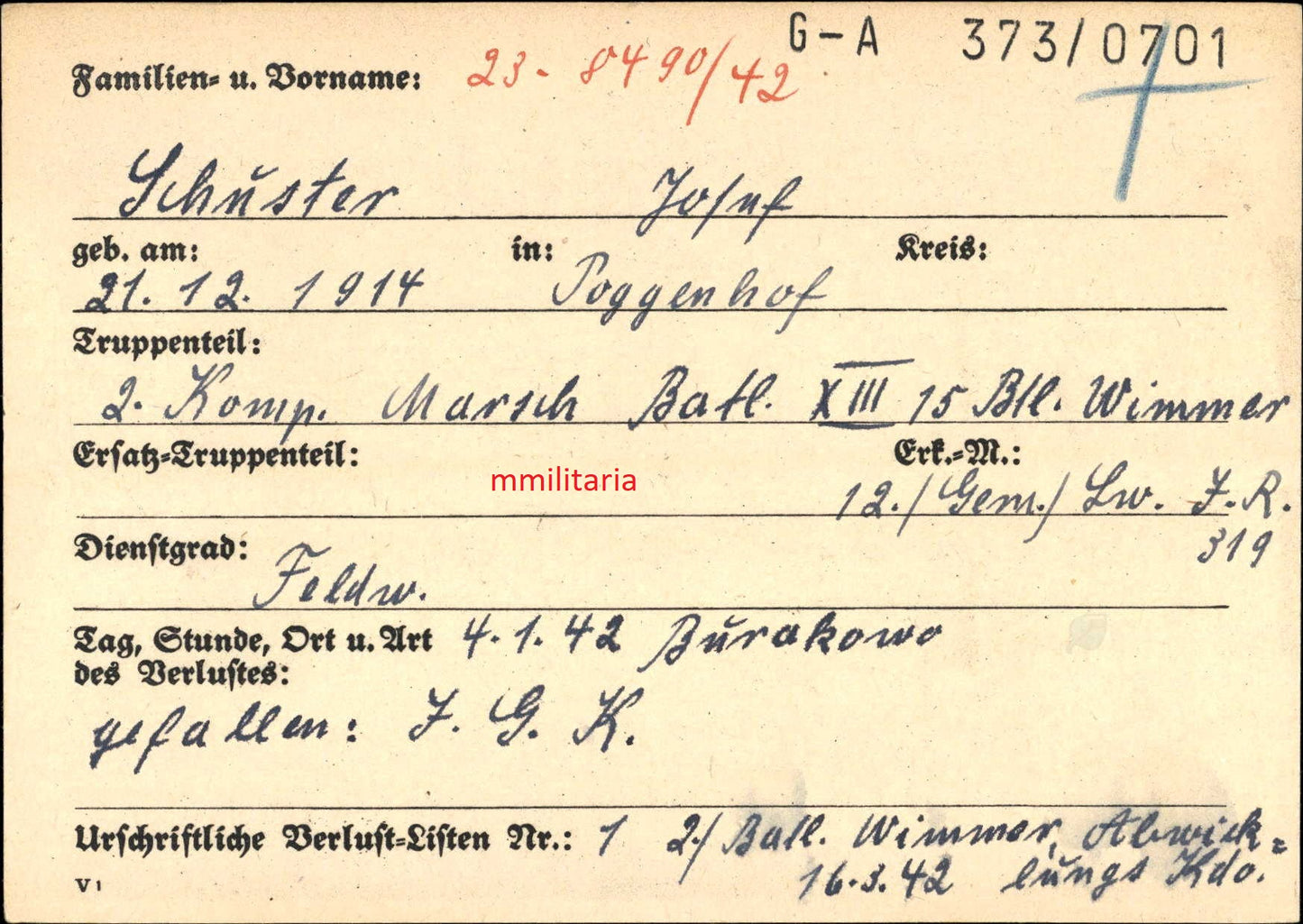 Sterbebild Feldwebel & Zugführer Poppenhof 2. Komp. Marsch Btl. XIII "Wimmer" Moskau Russland